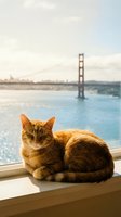 Orange tabby cat resting on windowsill overlooking bay with suspension bridge in soft natural light creating peaceful domestic scene.