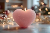 Pink heart-shaped candle glowing with warm flame against blurred bokeh lights background, creating romantic atmosphere for Valentine's Day or wedding decor.