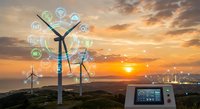 Smart wind turbines with digital monitoring system generating renewable energy at sunset with connected IoT technology icons and control panel interface.