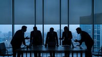 Business team silhouettes meeting in modern office conference room with city skyline view through large windows during evening hours.