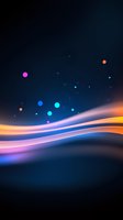 Glowing colorful waves with floating luminous orbs against dark background create magical abstract composition with pink, orange and blue gradient light effects.