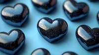Shiny black heart shapes with metallic glitter effect arranged on blue background, creating romantic pattern for Valentine's day designs and love concepts.
