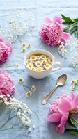 Chamomile tea in a white cup surrounded by pink peonies and baby's breath on a soft blue linen cloth with a vintage spoon.