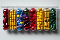 Colorful pharmaceutical capsules and pills arranged in transparent plastic organizer compartments on neutral background. Medical concept for healthcare.