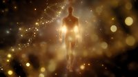 Silhouette of glowing human figure ascending in mystical golden space with sparkling lights and bokeh effects, representing spiritual awakening and transformation.