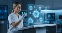 Female scientist analyzing virus molecular structure on holographic display in modern laboratory for medical research and biotechnology innovation.