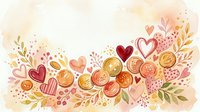 Watercolor hearts and floral elements in warm pink and gold tones create romantic Valentine's Day design for greeting cards and wedding invitations.