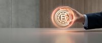 Businessman hand holding glowing bitcoin symbol on wooden and concrete background, representing digital currency, blockchain technology, and cryptocurrency investment opportunities.