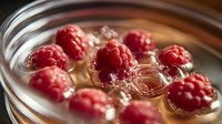 Fresh ripe raspberries floating in sparkling champagne or prosecco with bubbles rising in golden liquid, macro shot showing fine details and texture.