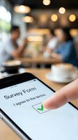 Person completing online survey form on smartphone in cafe with finger touching green checkmark agreement button for customer feedback and market research.