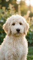 Adorable cream-colored goldendoodle puppy portrait with soft curly fur in warm golden sunlight outdoors for pet care and family lifestyle content.