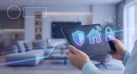 Smart home security system control panel on tablet with digital shield icons and wireless connectivity symbols for modern house automation technology.