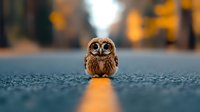 Brown owl standing on asphalt road at dusk, centered on yellow line marking with blurred orange autumn forest background creating magical atmosphere.