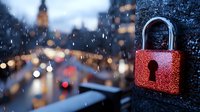 Red glittery padlock against blurred urban cityscape with bokeh lights and raindrops, symbolizing security, love, and romance in modern metropolitan setting.