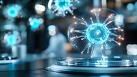 Glowing blue virus cell model floating above scientific platform with futuristic lighting effects, medical research concept for healthcare and disease study.