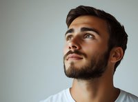 Young bearded man with thoughtful expression looking up against neutral background, wearing white t-shirt. Concept of hope, inspiration, and contemplation.