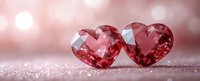 Two sparkling red heart-shaped gems on glittery surface against soft pink bokeh background, romantic Valentine's Day concept for love and luxury jewelry design.