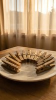 Wooden clothespins arranged in circular pattern on white ceramic plate with warm sunlight streaming through sheer curtains creating cozy domestic atmosphere.