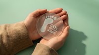 Hands holding transparent glass circle with footprint icon and Go Vegan text message for environmental awareness and sustainable lifestyle promotion.