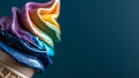 Rainbow colored frosting swirls on dark background showcase vibrant gradient from blue to purple, yellow and green with delicate texture and soft focus detail.
