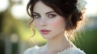 Young Caucasian woman with elegant updo hairstyle and white flower accessory in soft natural lighting for wedding or romantic portrait photography.