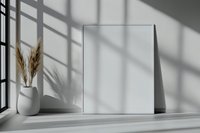 Blank white frame mockup with dried pampas grass in ceramic vase on windowsill, natural window light casting geometric shadows on wall.