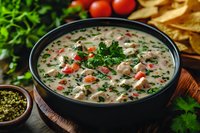 Creamy white soup with chicken, vegetables and herbs in black bowl, garnished with fresh parsley. Served with tortilla chips and spices on wooden board.