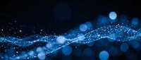 Abstract blue digital wave with glowing particles and bokeh lights on dark background for technology and data visualization concepts.