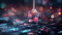Glowing digital price tag floating over computer keyboard with red and blue bokeh lights, futuristic retail technology concept for e-commerce and online shopping.