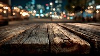 Rustic wooden table surface with blurred city lights bokeh background at night, urban dining concept for product display and food photography.