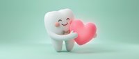 Cute cartoon tooth character holding pink heart on mint green background for dental care and oral health awareness campaigns.
