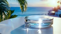 Crystal clear glass of pure water on white surface against tropical beach background with palm leaves and ocean view, sunlight creating bright reflections.