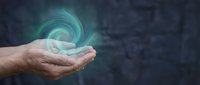 Open palm holding glowing turquoise swirl of energy or light, symbolizing innovation, technology, power, and digital transformation for business concepts.