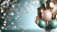 Elegant party balloons in rose gold and sage green with glitter accents against soft bokeh background for celebrations and special events.