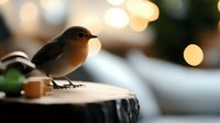 Small European robin perched on wooden surface against soft bokeh lights background, creating cozy winter holiday atmosphere with natural wildlife charm.