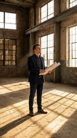 Young Caucasian businessman reviewing architectural plans in abandoned industrial warehouse with brick walls and large windows casting dramatic shadows.