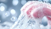 Delicate pink foam bubbles with soft white lace-like texture against blurred blue bokeh background creates dreamy, ethereal atmosphere for spa and beauty concepts.