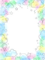 Pastel rainbow watercolor frame with clouds, stars and hot air balloons on white background for baby shower invitations and nursery decor.