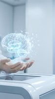 Hand holding glowing digital brain hologram with dispersing particles in modern office setting. Represents artificial intelligence, innovation, technology, and digital transformation for business applications.