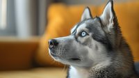 Striking profile of Siberian Husky with piercing blue eyes and silver-gray fur against warm interior background, showcasing majestic canine features and alert expression.