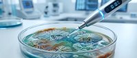 Laboratory pipette dispensing sample into petri dish with colorful bacterial or cell cultures for scientific research and medical testing in modern lab.