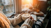 Cozy woman in knit sweater holding steaming coffee cup with Thank You latte art by rainy window with warm sunlight and plants.