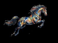 Ornate decorative horse in mid-leap with flowing mane and tail, featuring intricate gold and blue patterns. Isolated on transparent background, ready for t-shirts, stickers, clipart, and print-on-demand designs.