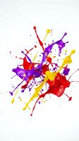 Vibrant multicolored paint splashes in purple, red and yellow creating dynamic artistic explosion on white background for creative design projects.