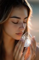 Young Asian woman holding crystal in sunlight with closed eyes, peaceful expression and glowing skin, natural makeup, soft backlight creating ethereal atmosphere.