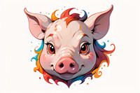 Cute cartoon pig head with colorful rainbow mohawk hairstyle and expressive eyes on white background, perfect for children's books, merchandise design and festive decorations.