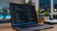 Software developer workspace with laptop displaying programming code on screen in modern office environment at evening.