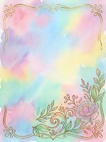 Pastel watercolor background with gold floral frame and rose, soft rainbow hues in pink, blue, yellow, purple for cards and invitations.