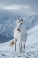 Majestic white horse standing in snowy mountain landscape with flowing mane against dramatic winter sky and peaks for equestrian and nature themes.