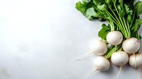 Fresh white turnips with bright green leaves on light gray background, raw organic root vegetables arranged in minimalist composition for healthy eating concept.